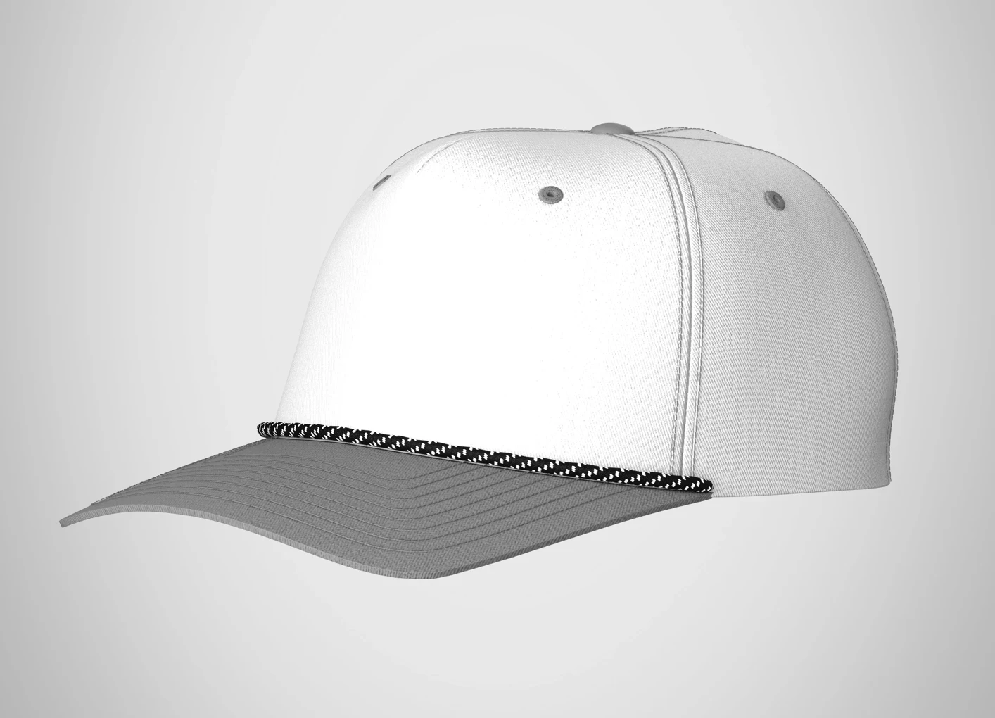 A studio render of a rope-brim cap, showing the twill crown, grey brim, contrast stitching, and braided black-and-white rope detail in full fidelity