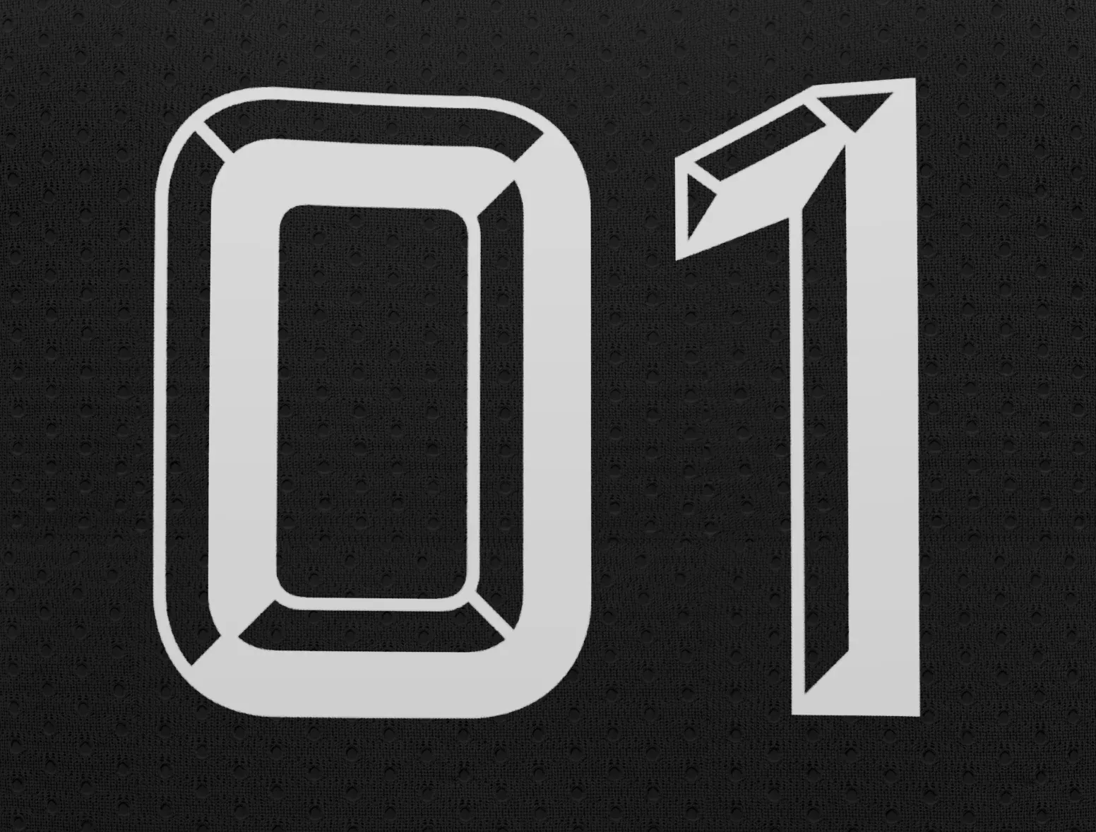 Macro render from the 3D product configurator showing beveled jersey lettering, mesh weave, and perforations in full detail